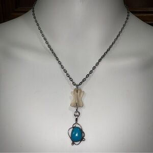 Possum Vertebrae Bone Blue Gemstone Gunmetal Chain Necklace